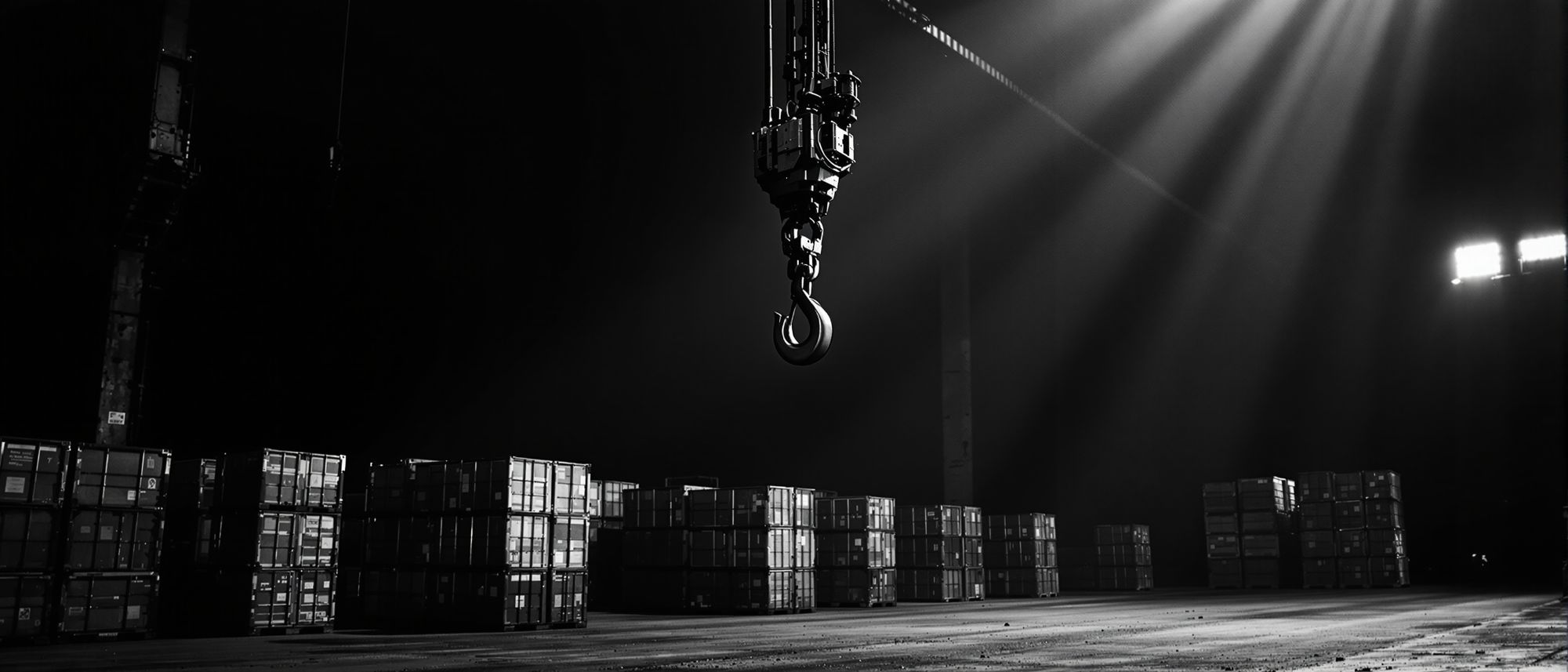 Overhead crane hook descending over a palletised load in a dark hall, with a shaft of hard light entering from the right.