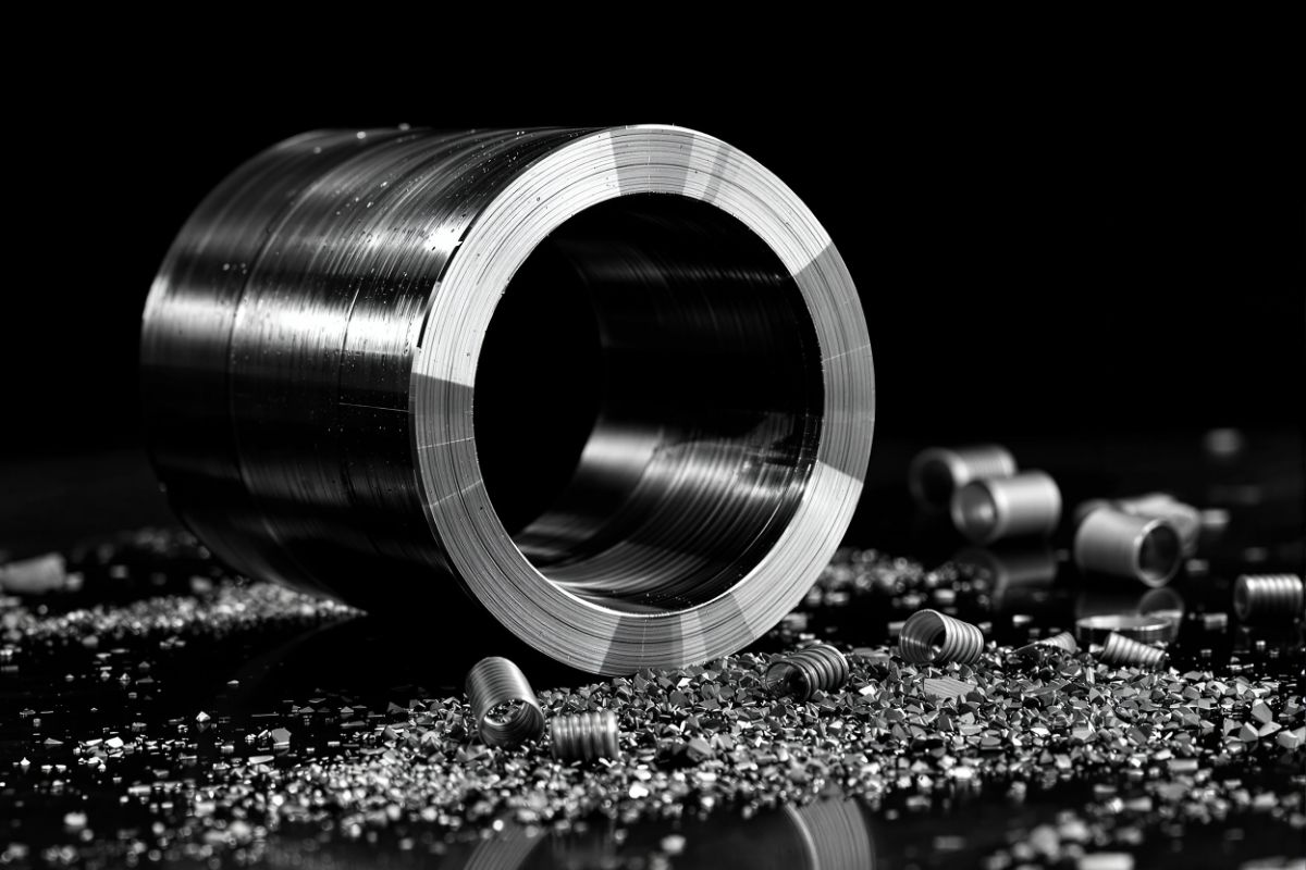 Freshly turned cylindrical steel part on a bench, swarf around it and raking light picking out the machining marks.